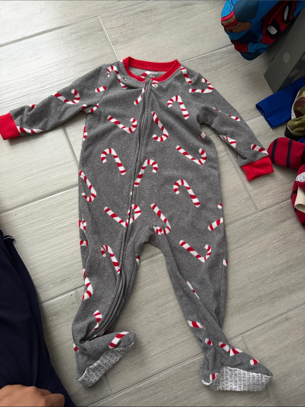Carter's Grey Fleece Candy Cane One-Piece with Red Trim